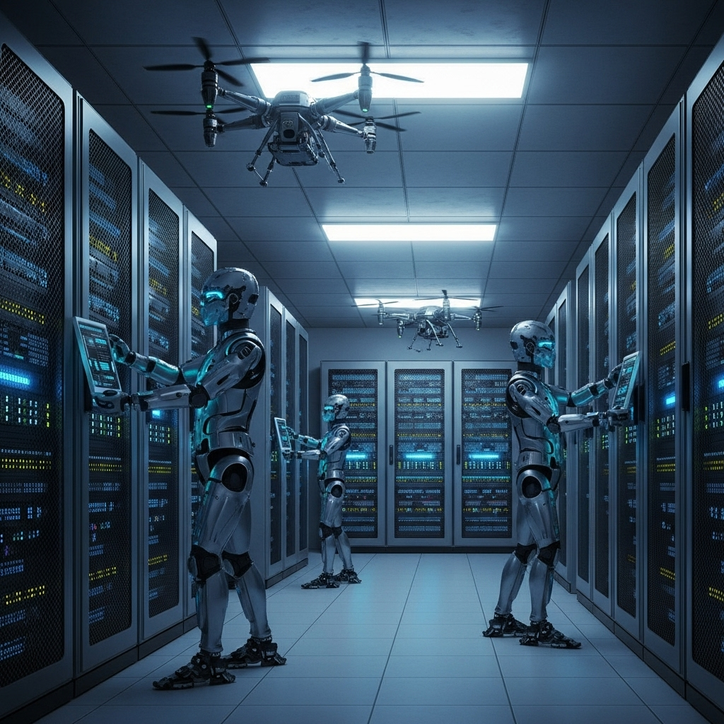 Robots and drones tending a futuristic data center